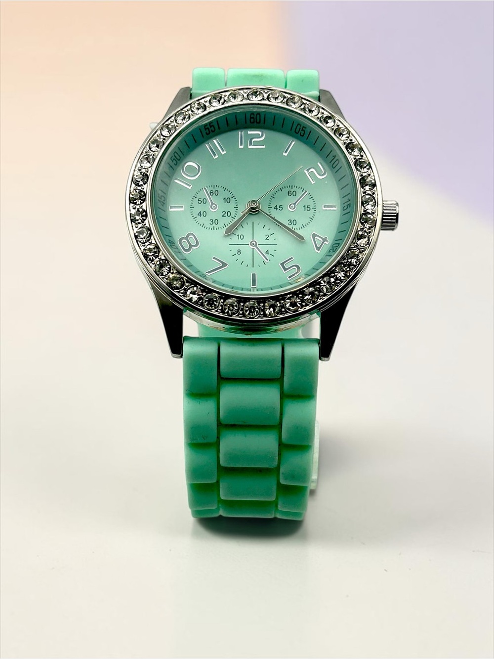 Mint Green Rhinestone Bezel Watch Women Multifunction Silicone Strap Dance Runs